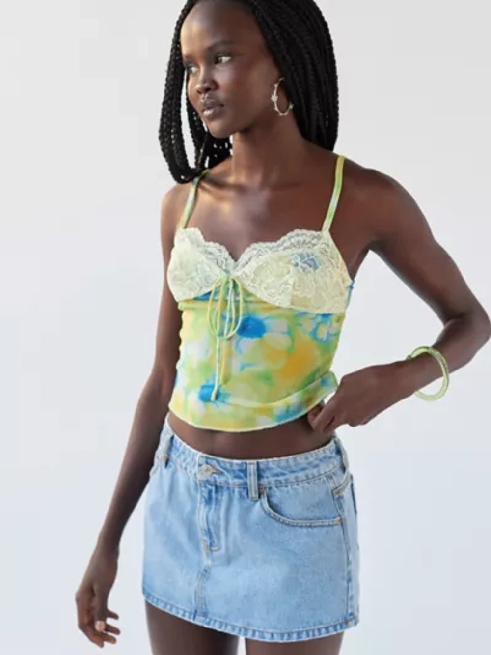 Urban Outfitters Yellow Green Blue Lace-Trim Tie-Dye Cami
